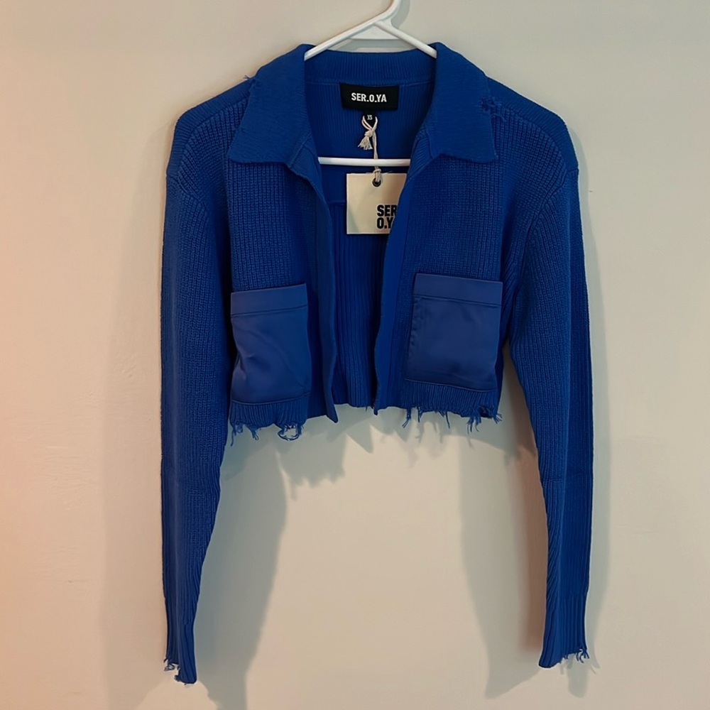 SEROYA Evelyn Cropped Knit Jacket In Royal Blue Size XS NWT MSRP $178